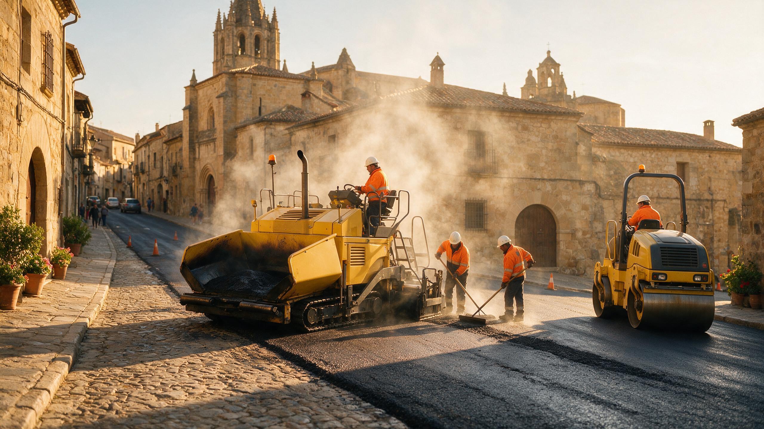 Equipo de Vías CYC asfaltando una calle histórica de Ávila